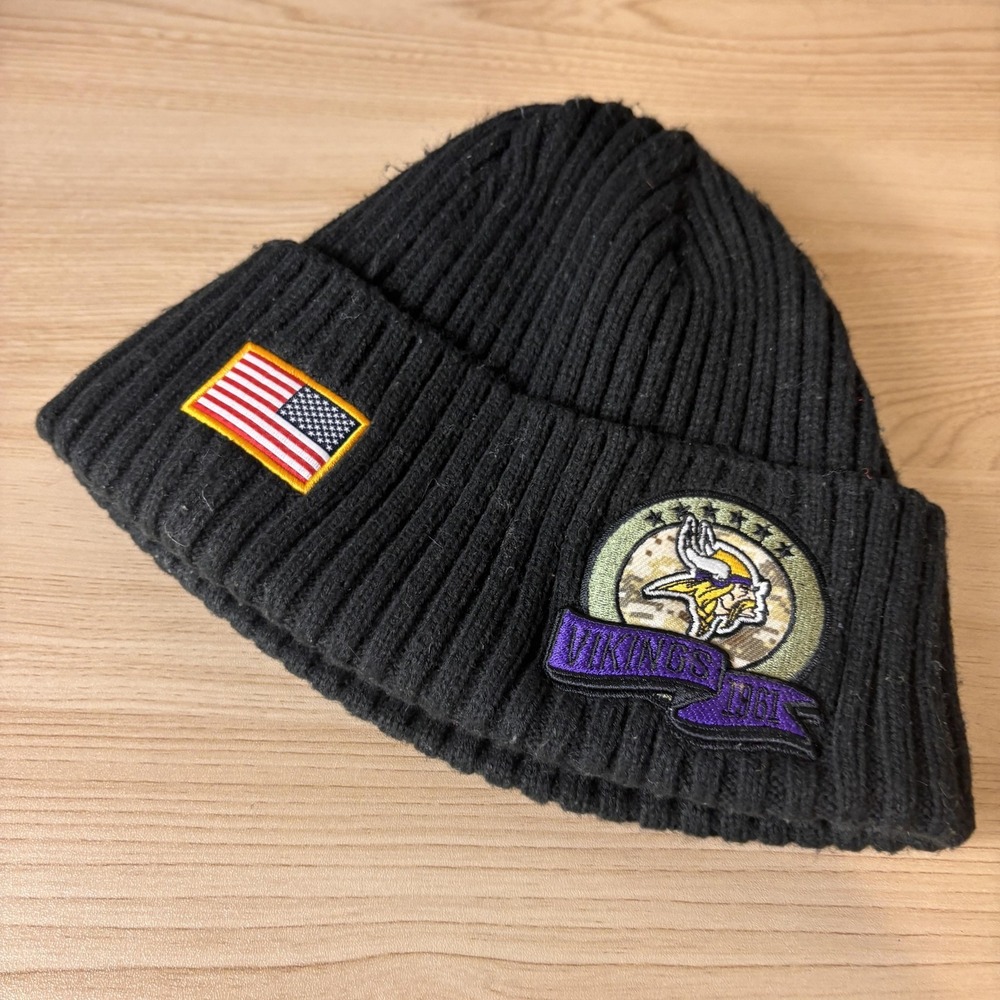 Minnesota Vikings Hat Beanie Mens One Size Black NFL Football USA Flag New Era
